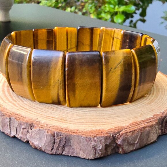 South African ✦ Yellow Tiger’s Eye Bracelet ✦ 437ct Stretch Gemstone Polished - Picture 2 of 9